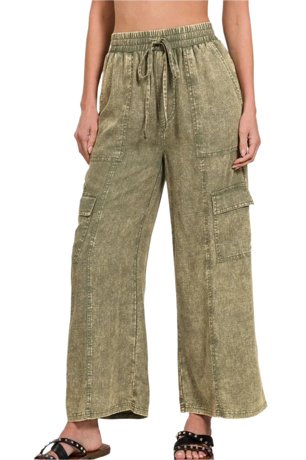 Bukser Dame Cargobukse Med Elastisk Midje Vasket Lin 0