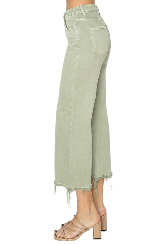 Bukser for kvinner med høy midje og bredt snitt i grønn 2