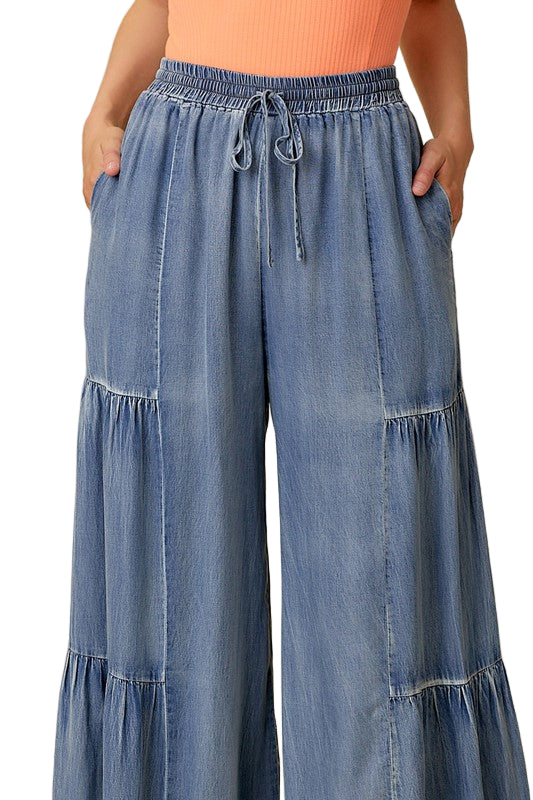 Bukser for kvinner med volanger i vasket denim 0