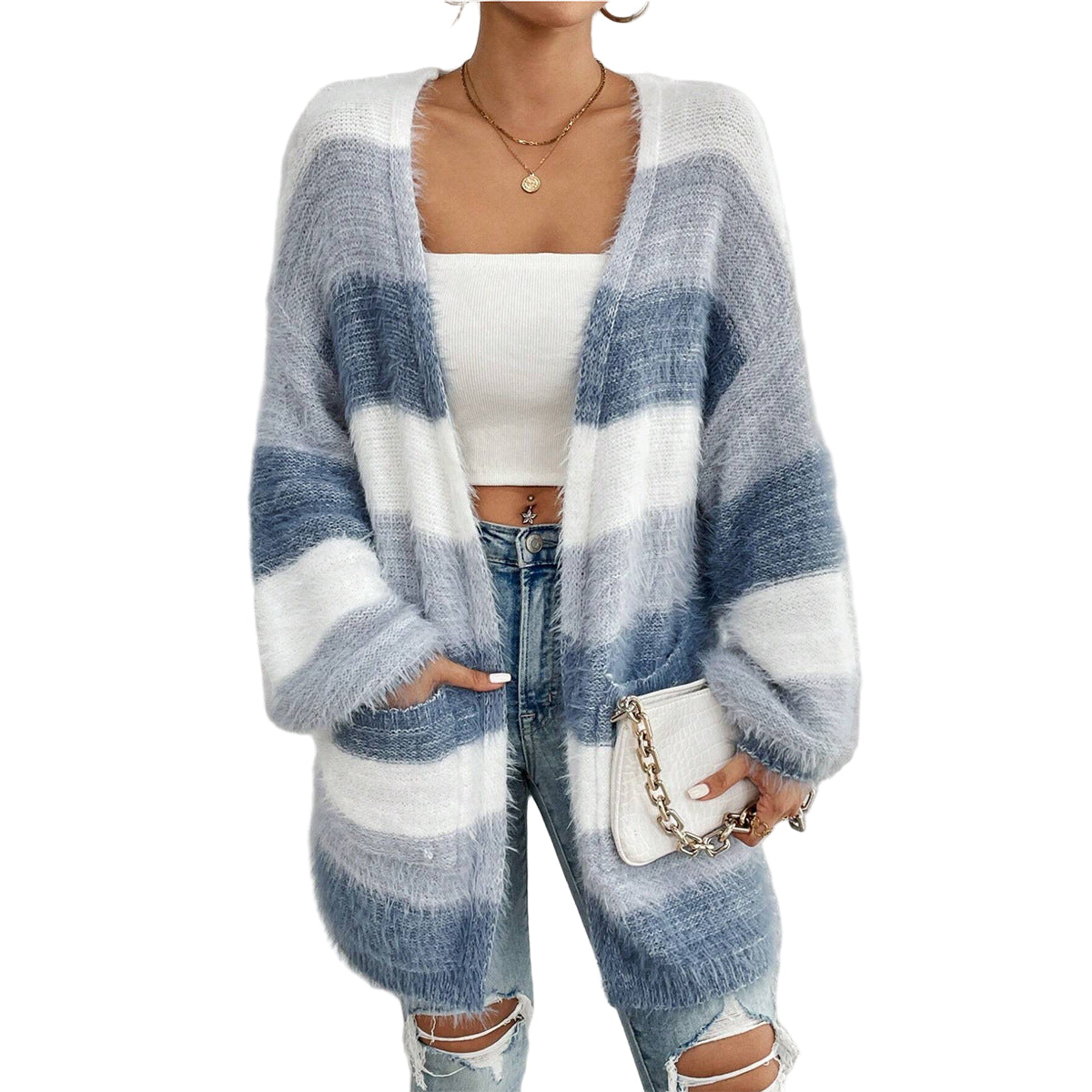 Cardigan Dame Oversized Stripet Strikkejakke i Akryl 0