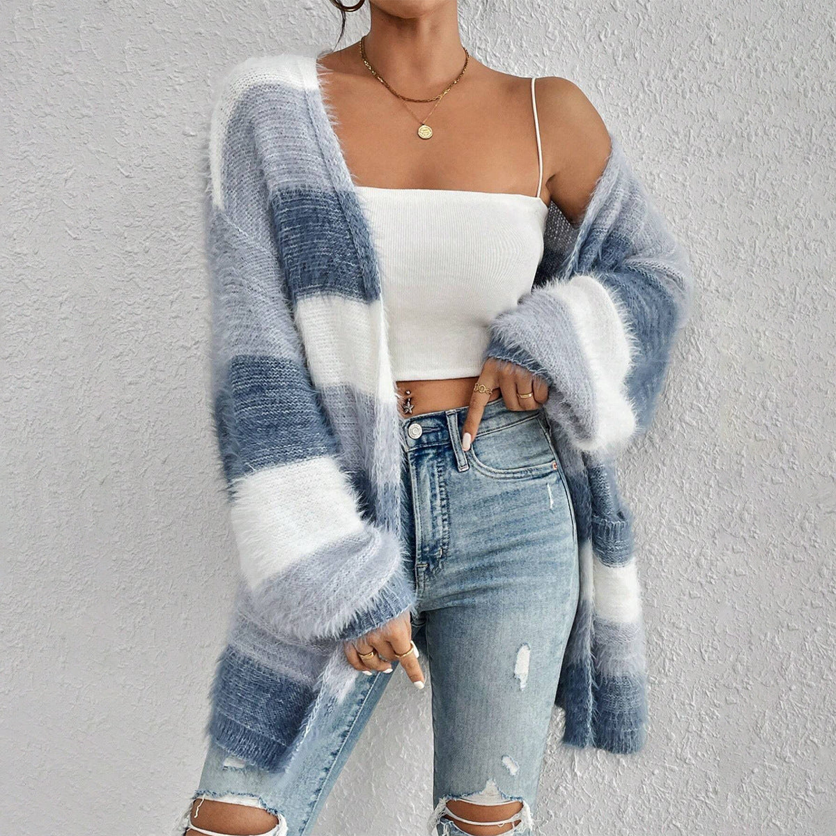 Cardigan Dame Oversized Stripet Strikkejakke i Akryl 1