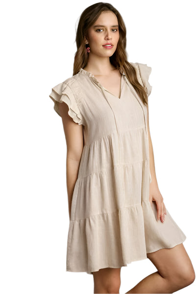 Dame A-Line Sommerkjole i Lin med Lagdelte Detaljer 0