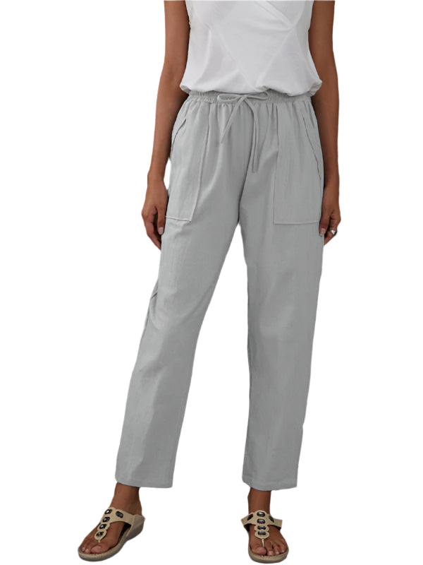 Dame Bukser Uformell Elastisk Midje Linbukse Bomull med Lommer 0