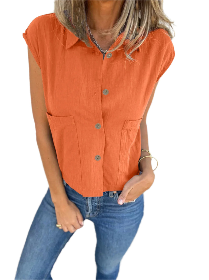 Dame Button Down Korte Ermer Lin Skjorte Polyester Spandex 0