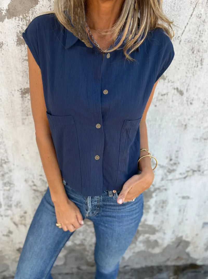 Dame Button Down Korte Ermer Lin Skjorte Polyester Spandex 10