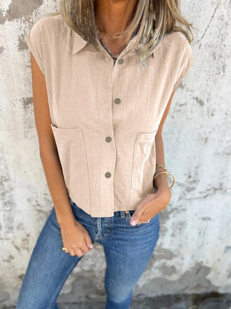 Dame Button Down Korte Ermer Lin Skjorte Polyester Spandex 11