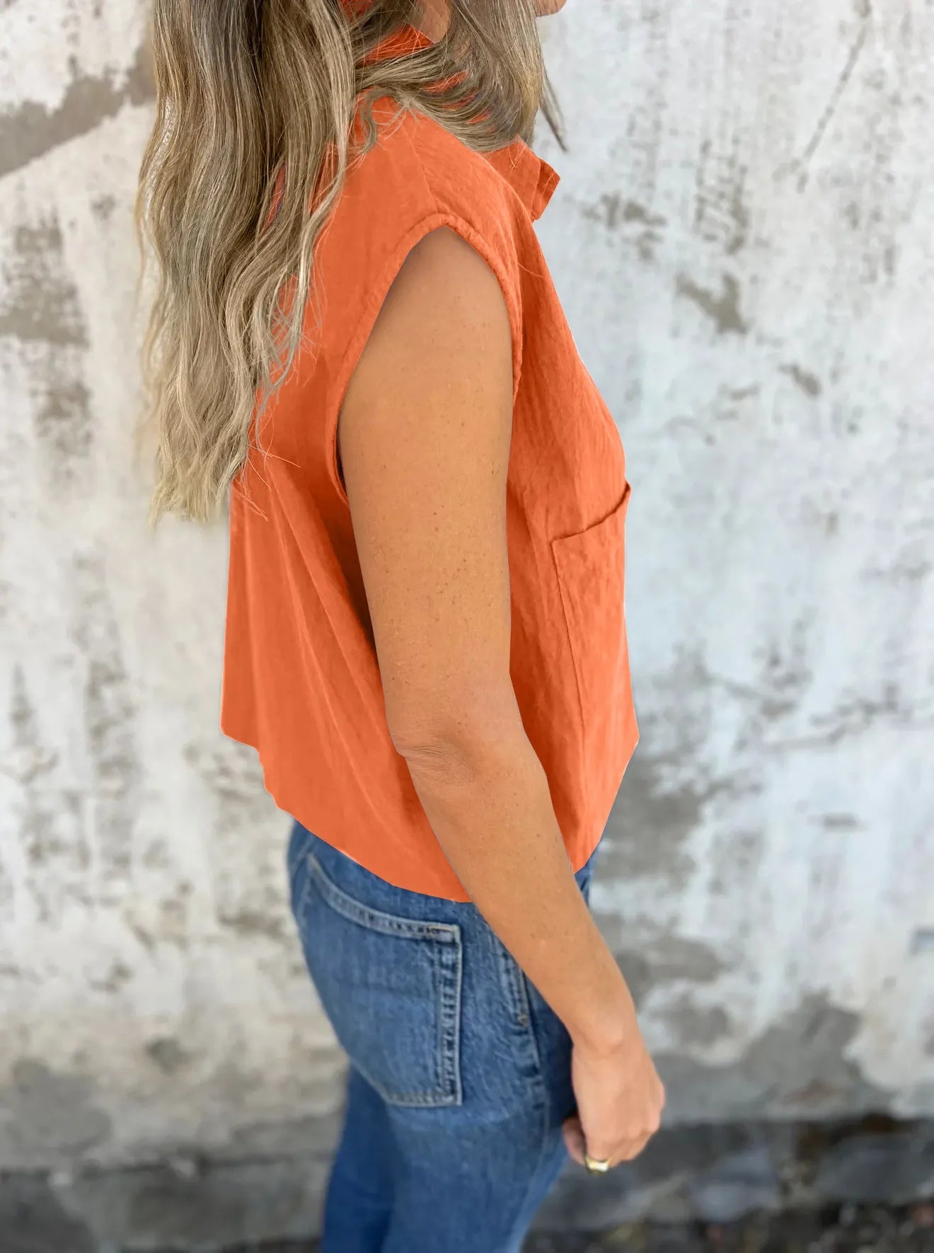 Dame Button Down Korte Ermer Lin Skjorte Polyester Spandex 2