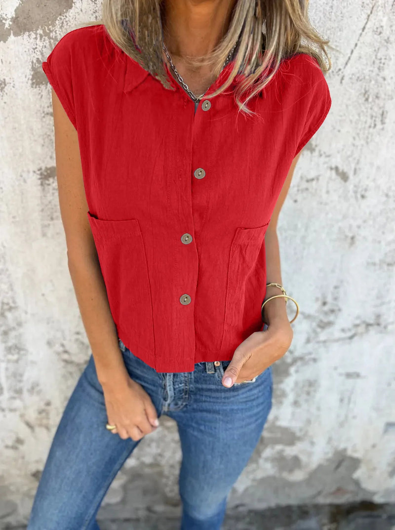 Dame Button Down Korte Ermer Lin Skjorte Polyester Spandex 3