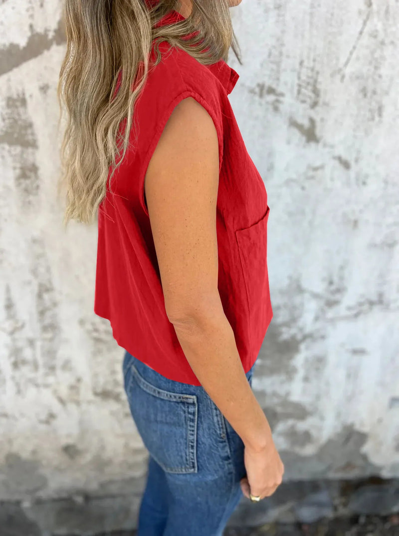 Dame Button Down Korte Ermer Lin Skjorte Polyester Spandex 5