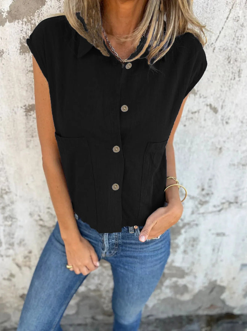 Dame Button Down Korte Ermer Lin Skjorte Polyester Spandex 6