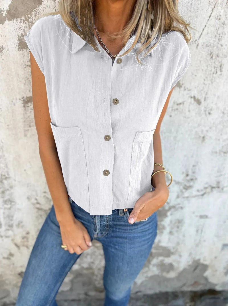 Dame Button Down Korte Ermer Lin Skjorte Polyester Spandex 9