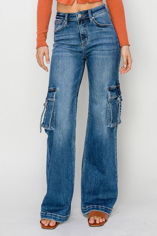 Dame Cargo Bukser Høy Midje Bred Jeans 2