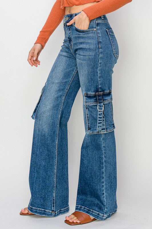 Dame Cargo Bukser Høy Midje Bred Jeans 3