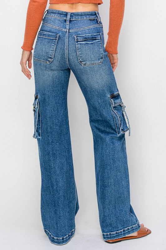 Dame Cargo Bukser Høy Midje Bred Jeans 4