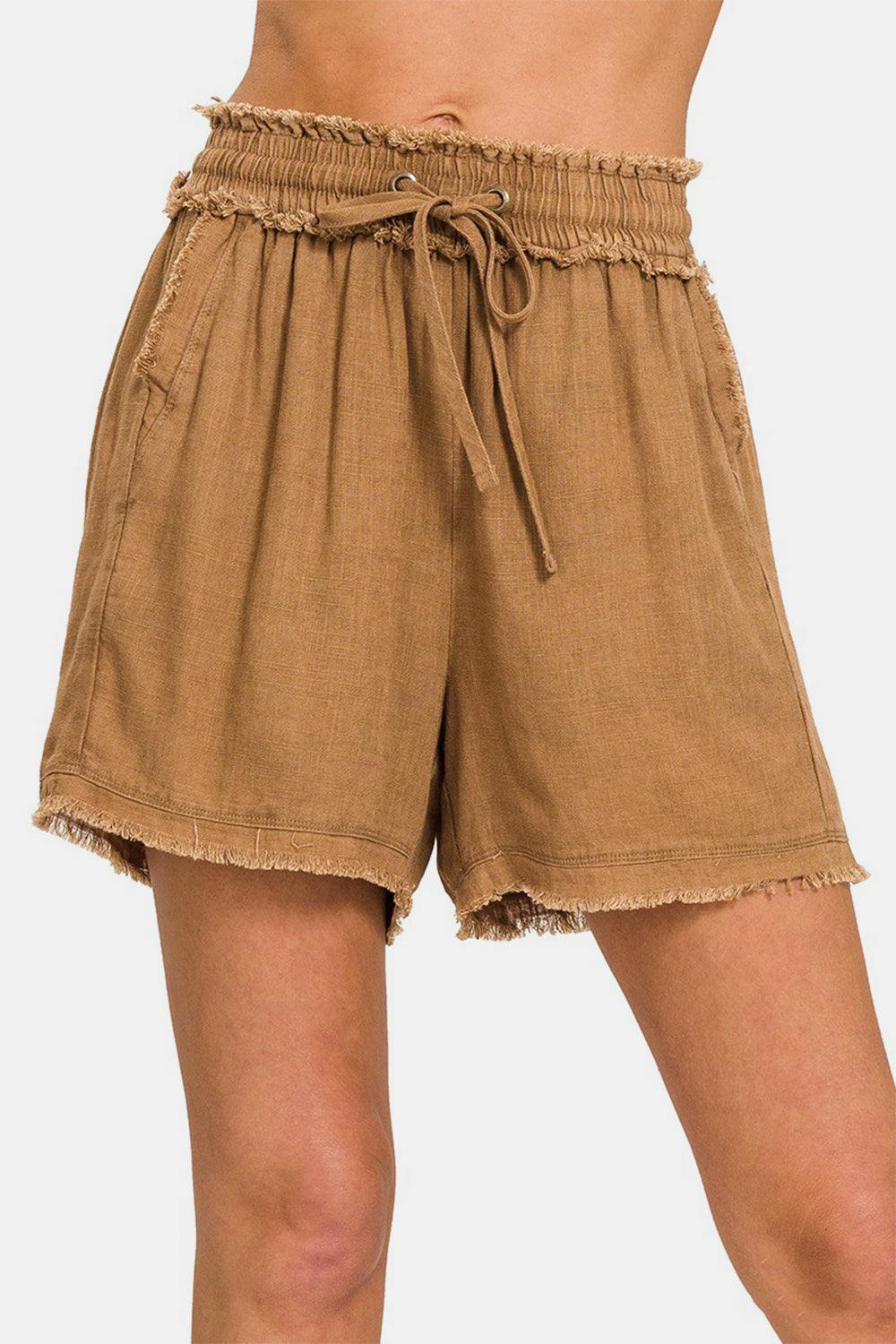 Dame Drawstring Shorts i Vasket Lin med Frynset Kant 0
