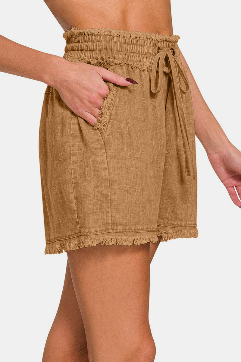 Dame Drawstring Shorts i Vasket Lin med Frynset Kant 2