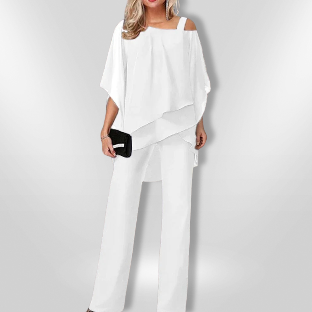 Dame Ensemble Elegant Asymmetrisk Top og Bredbukser 4