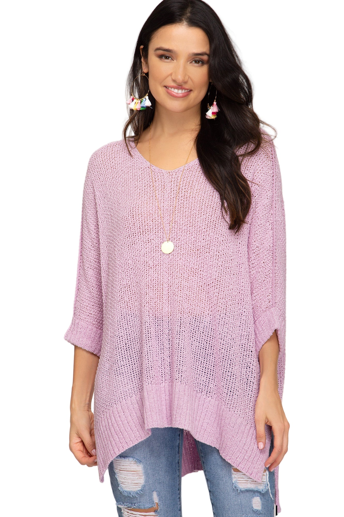 Dame Hi-Lo Genser med 3/4 Ermer og Brettede Mansjetter Myk Stoffkvalitet 0