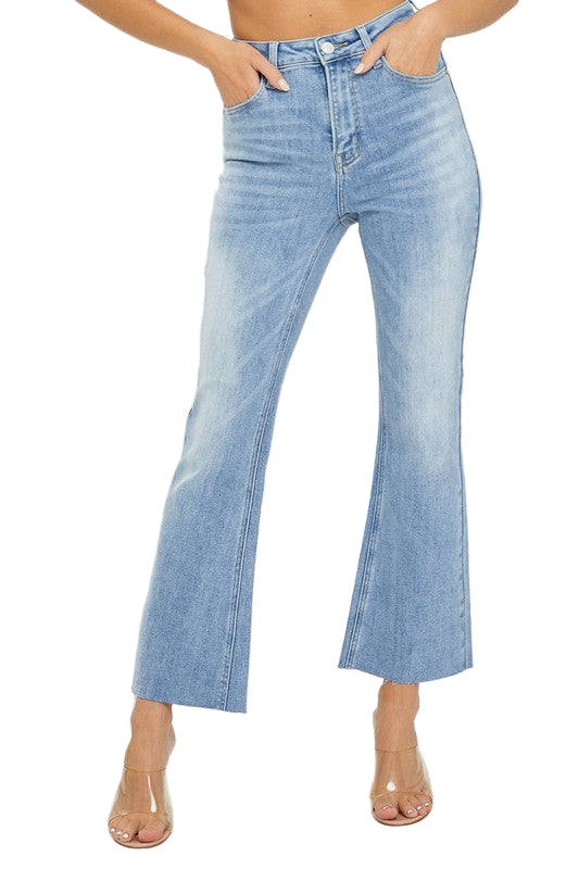 Dame Høy Midje Crop Flare Bukser Lett Denim 0