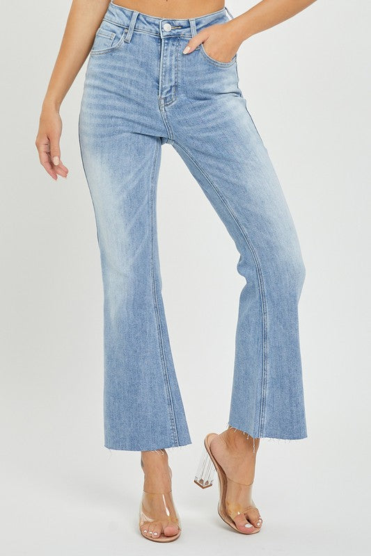 Dame Høy Midje Crop Flare Bukser Lett Denim 1