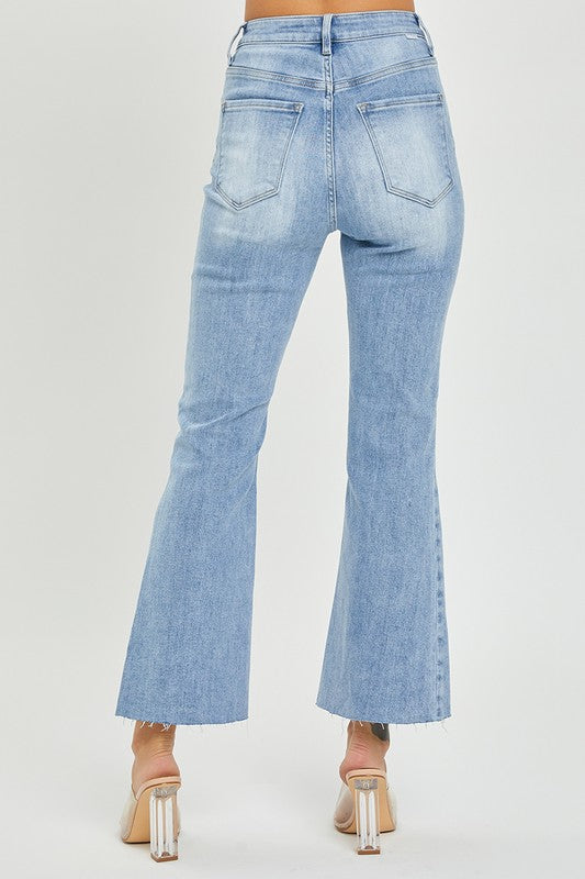 Dame Høy Midje Crop Flare Bukser Lett Denim 4