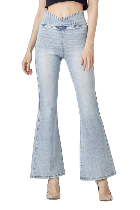 Dame Høyt Liv Pull On Flair Jeans Lys Denim 0