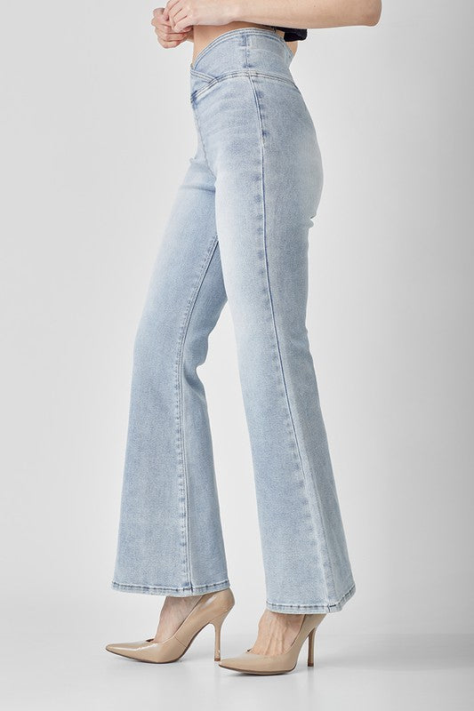 Dame Høyt Liv Pull On Flair Jeans Lys Denim 2