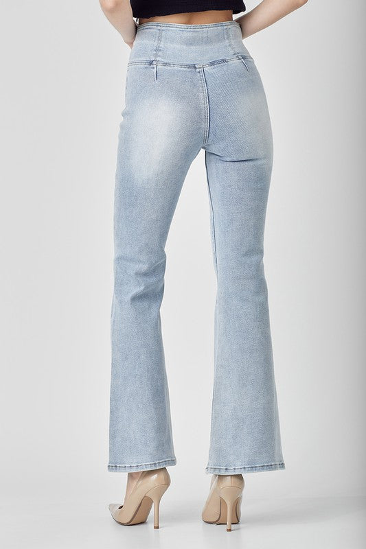 Dame Høyt Liv Pull On Flair Jeans Lys Denim 3