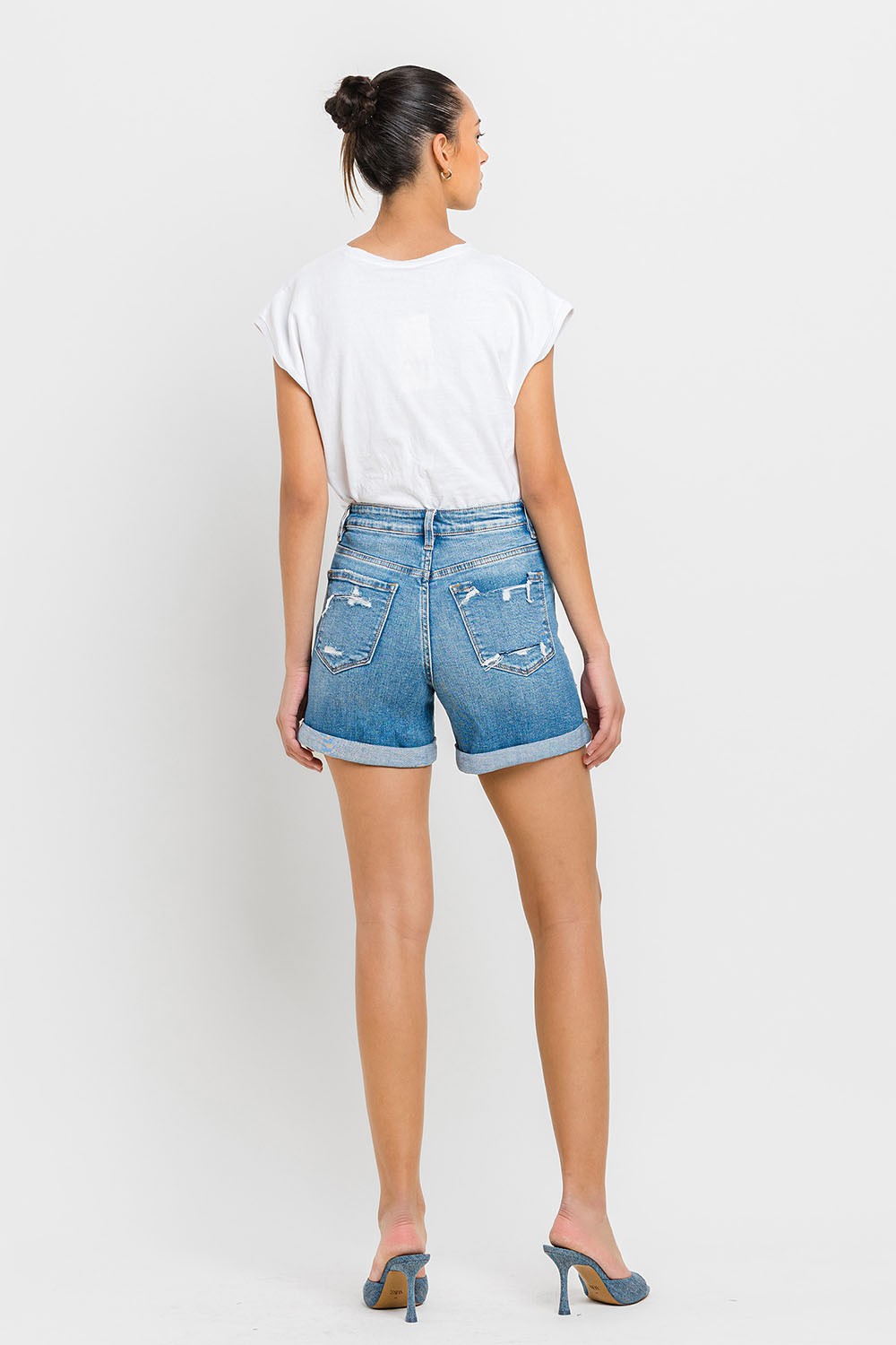 Dame Høyt Liv Rullet Erme Shorts Denim 2