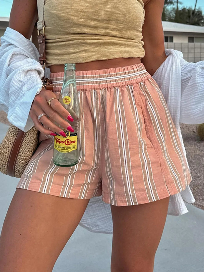 Dame Høyt Liv Shorts Stripete Lin Blandet Sommer 6
