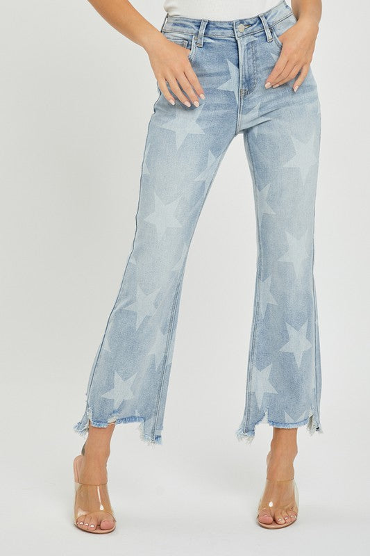 Dame Høyt Liv Straight Jeans Stjernemønster Denim 1