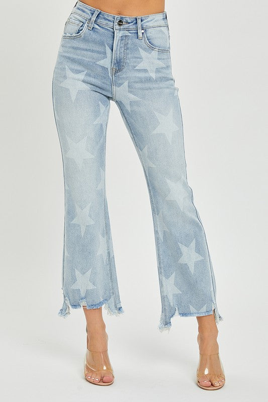 Dame Høyt Liv Straight Jeans Stjernemønster Denim 2