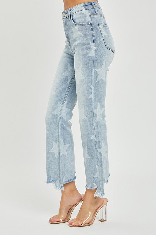 Dame Høyt Liv Straight Jeans Stjernemønster Denim 3