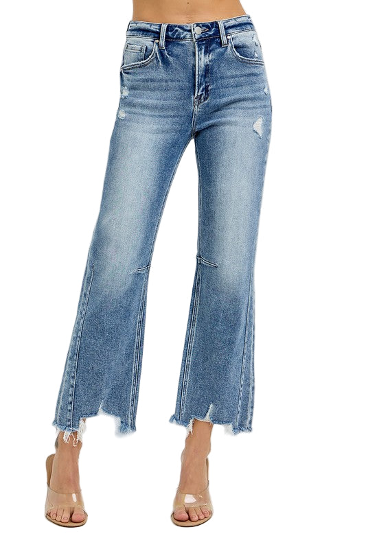 Dame Høytlivede Crop Straight Jeans Med Distressed Hem 0