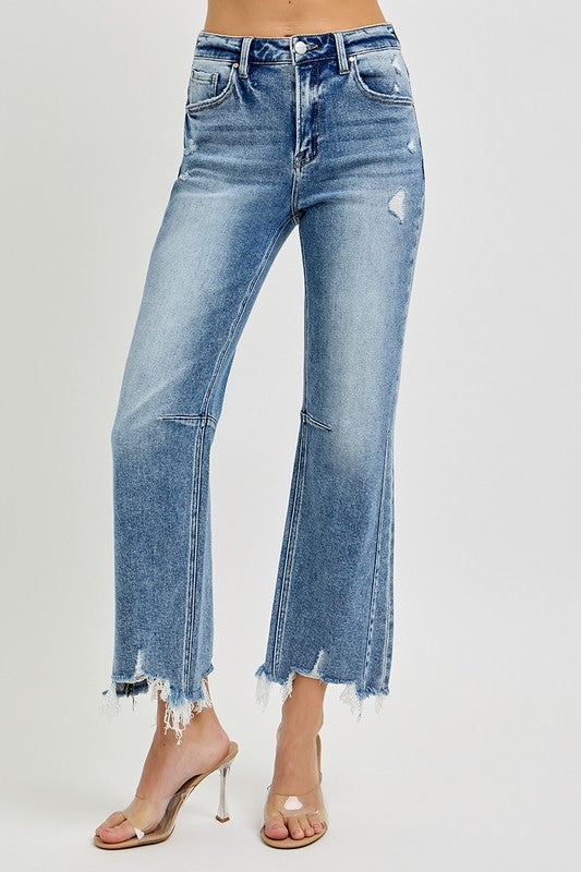 Dame Høytlivede Crop Straight Jeans Med Distressed Hem 1