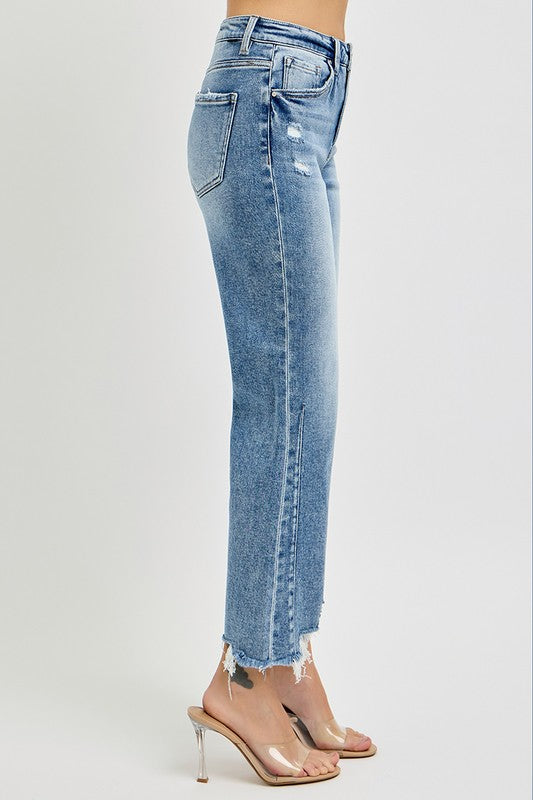 Dame Høytlivede Crop Straight Jeans Med Distressed Hem 3