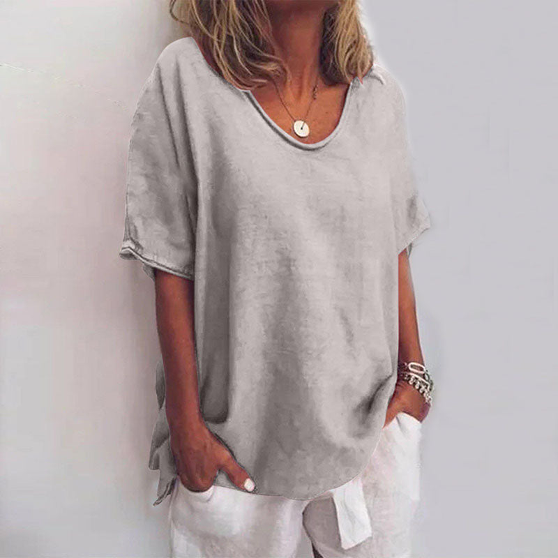 Dame Hvit Topp Loose Fit Rund Hals Lett Blandingsstoff 1
