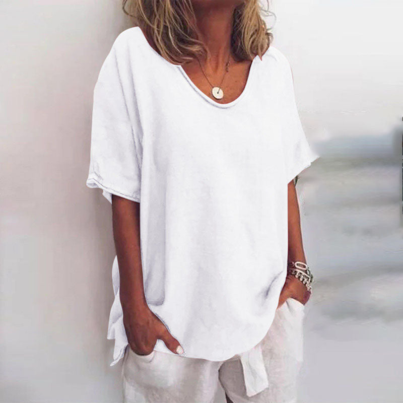 Dame Hvit Topp Loose Fit Rund Hals Lett Blandingsstoff 2