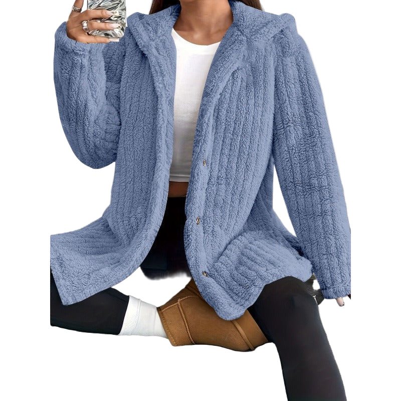 Dame Kåpe – Oversized Passform – Ribbet Tekstur – Hette – Knapp Front Casual Lag 2