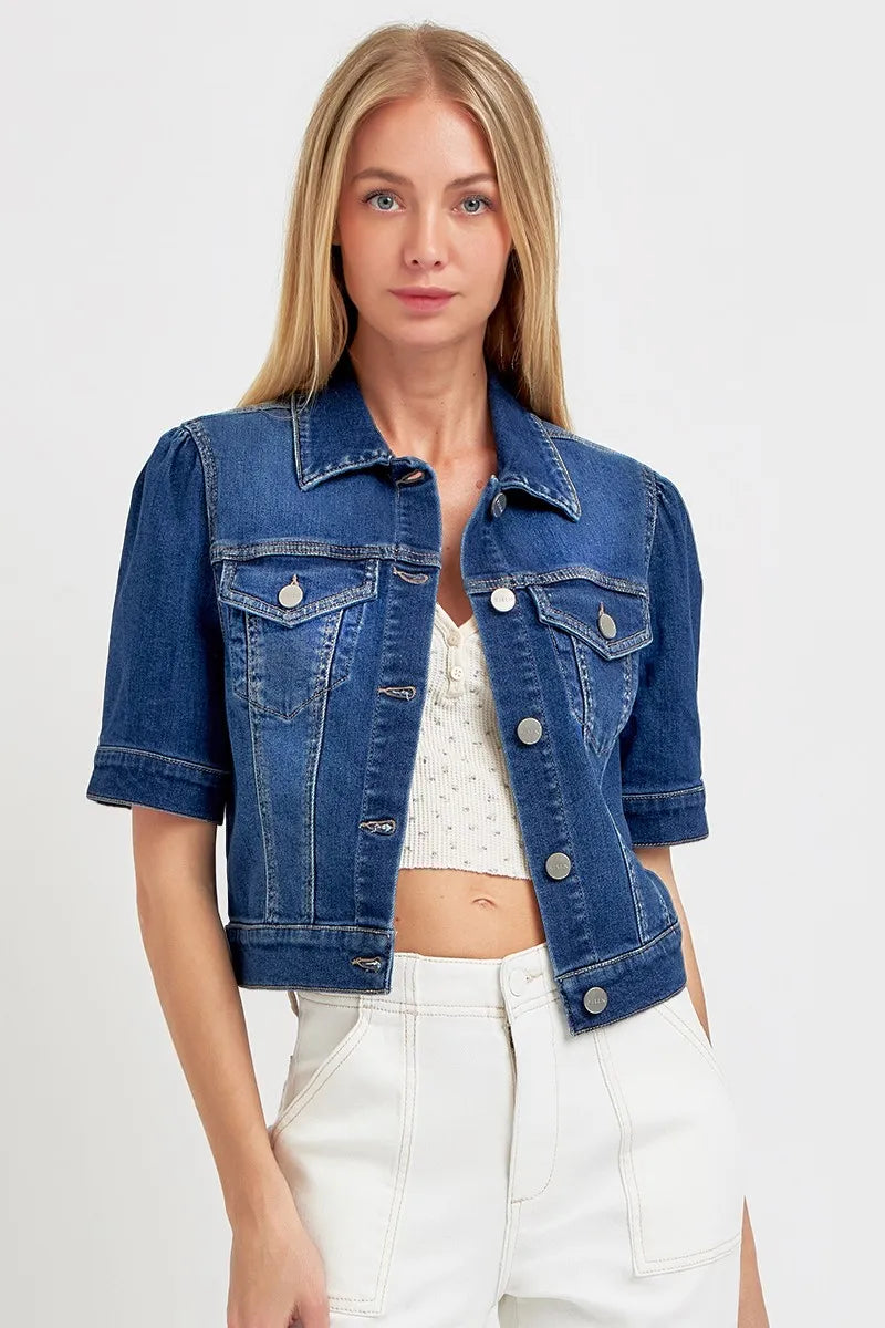 Dame Korte Denimjakke med Puffede Ermer og Stretch Materiale 1