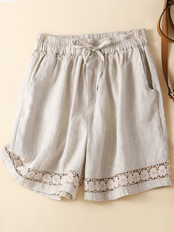 Dame Loose Shorts i Vevd Bomull og Lin med Hulfletting 2