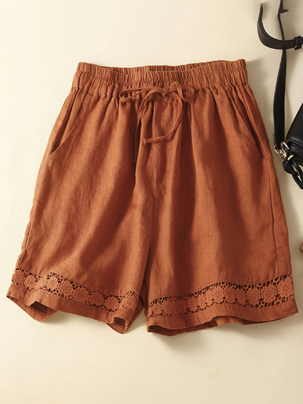 Dame Loose Shorts i Vevd Bomull og Lin med Hulfletting 5