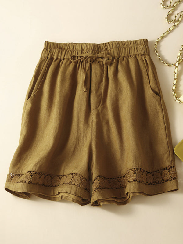 Dame Loose Shorts i Vevd Bomull og Lin med Hulfletting 6