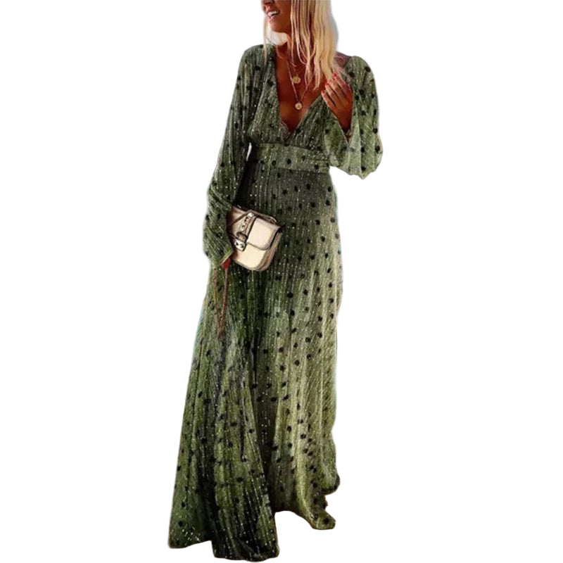 Dame Maxi Kjole V-Hals med Lange Ermer Bohemsk Stil 0