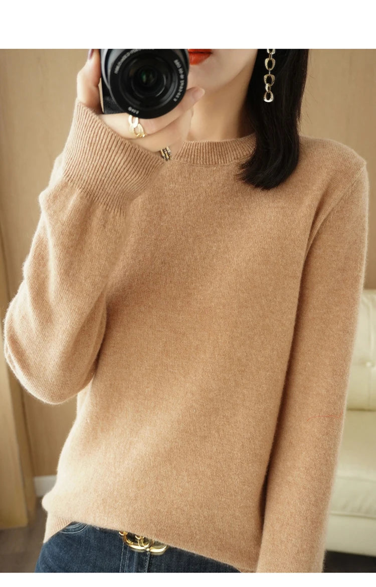 Dame Merino Ullgenser O-Hals Langermet Strikket Topp 12