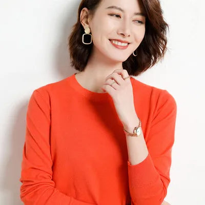 Dame Merino Ullgenser O-Hals Langermet Strikket Topp 19