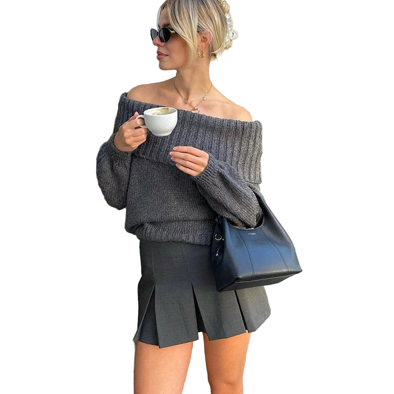 Dame Off-Shoulder Genser Strikket Trendy Design 0
