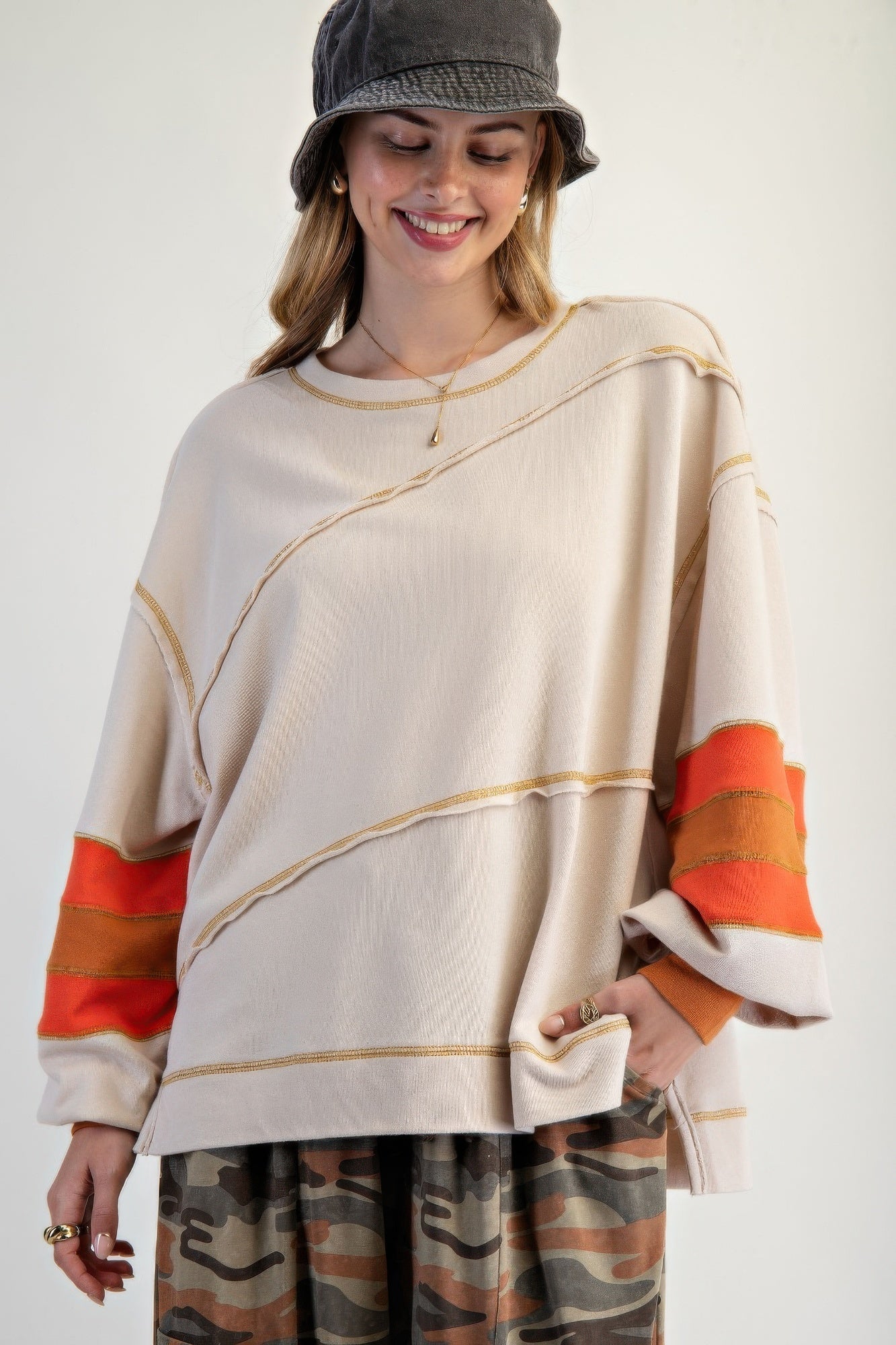 Dame Pullover Fargeblokk med Broderi Bomull 3