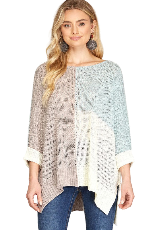 Dame Pullover i Fargeblokk Strikket Grå/Blå 0