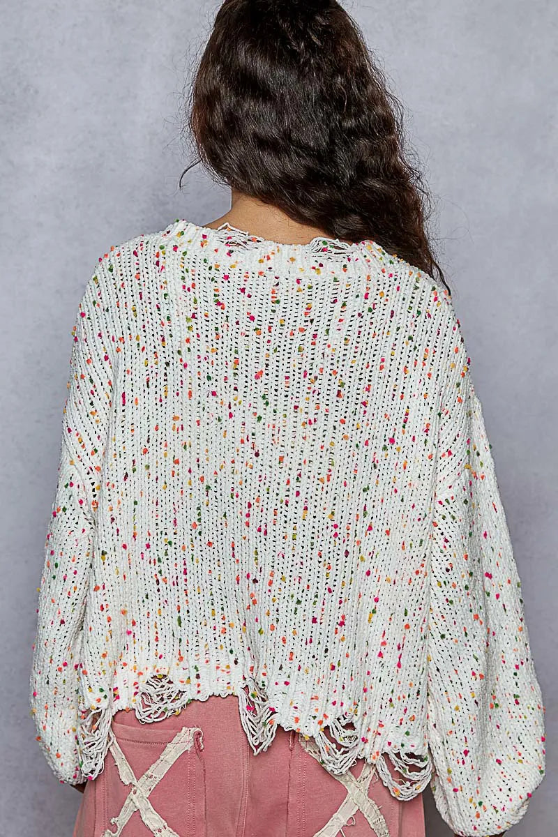 Dame Rund Hals Genser Fringed Hem Popcorntekstur Polyester 3